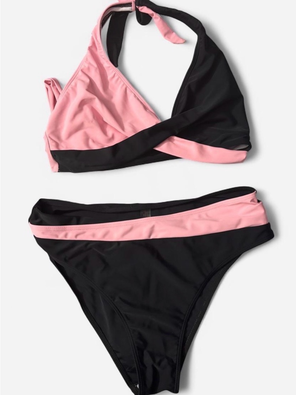 SHEIN Pink and Black Colorblock Halter Bikini Set